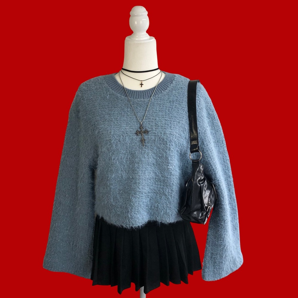 Zara Fuzzy Eyelash Knit Sweater Womens S Slate Blue Sparkle Cropped Metallic